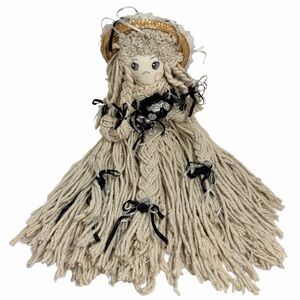 Vintage 27” Handmade Mop Doll Straw Hat Ribbon Lace Country Cottagecore Decor